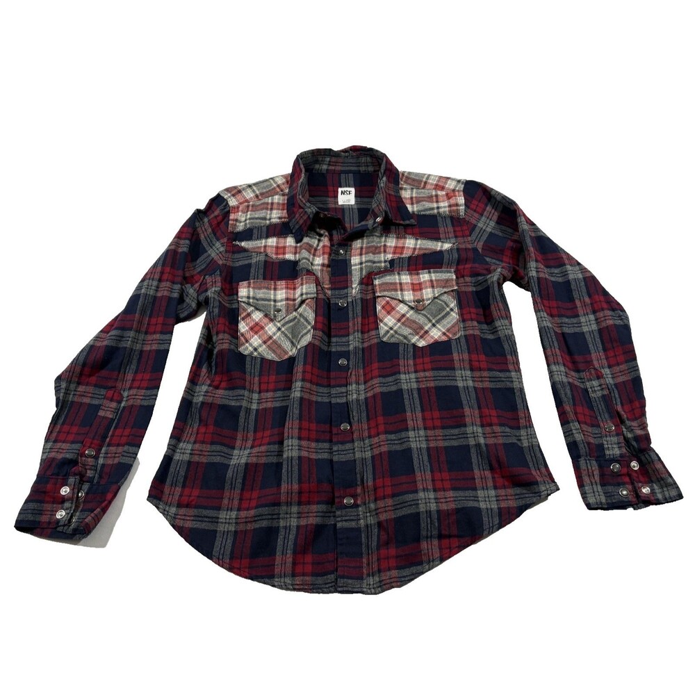NSF Teagan Flannel Shirt Western Red Blue Plaid Cotton L/S Snaps Button Sz L USA